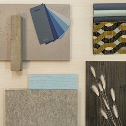 The mix of materials on the Nordic Blue woodboard conveys an atmosphere of Nordic cosiness.