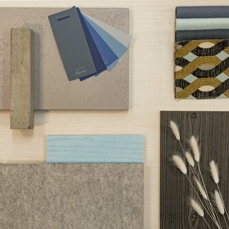 The mix of materials on the Nordic Blue woodboard conveys an atmosphere of Nordic cosiness.