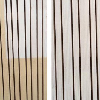 The comparison assures you of the fact: whereas untreated wood (left) yellows severely in the sun, the area treated with Lignovit Interior UV 100 in the colour Tanne (right) retains its natural beauty even after five months of sunshine. (Photo credit: ADLER)